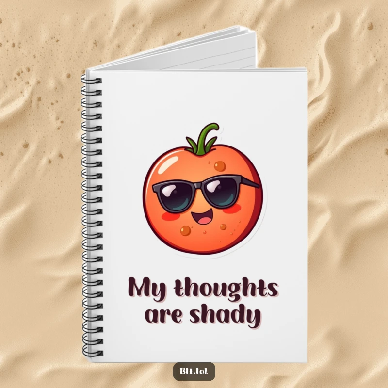 Funny cheerful tomato slice wearing sunglasses on a notebook cover, ideal for jotting down notes with humor.