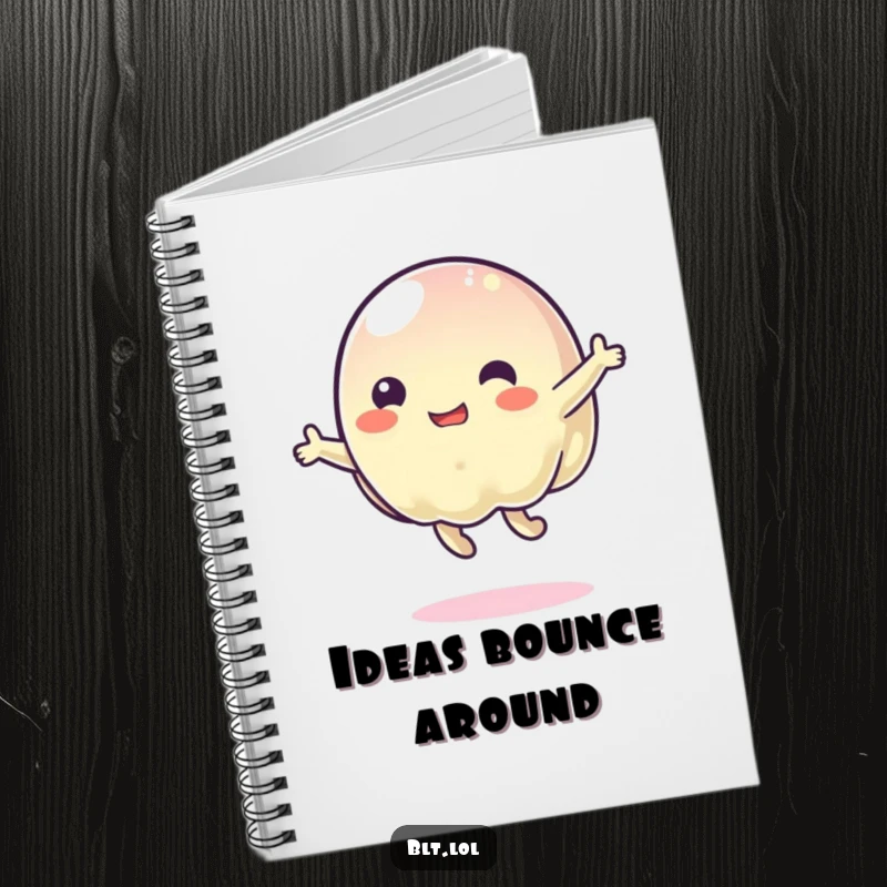Funny wobbly jelly character bouncing energetically on the cover of a notebook, ideal for jotting down lively ideas.