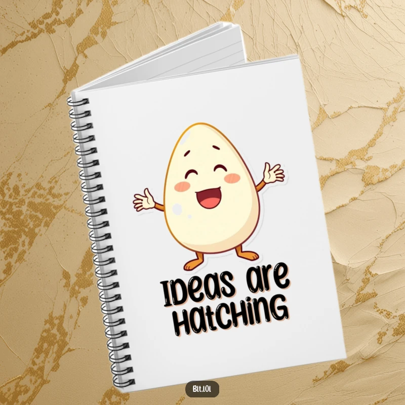 Funny anthropomorphic egg enthusiastically waving hello on the cover of a humorous notebook.