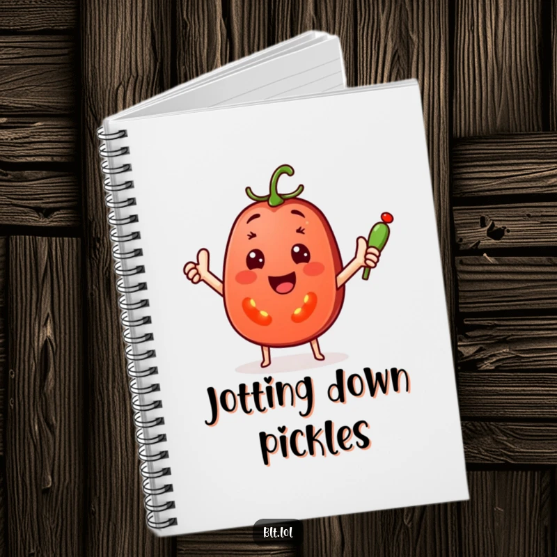 Funny Notebook with a smiling tomato slice waving a small pickle spear, perfect for notes and doodles with a humorous twist.