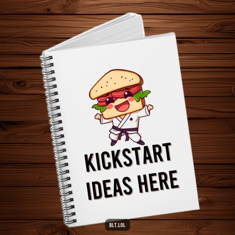 Funny BLT sandwich character in a dynamic karate pose, ready to inspire notes and ideas in this fun notebook.