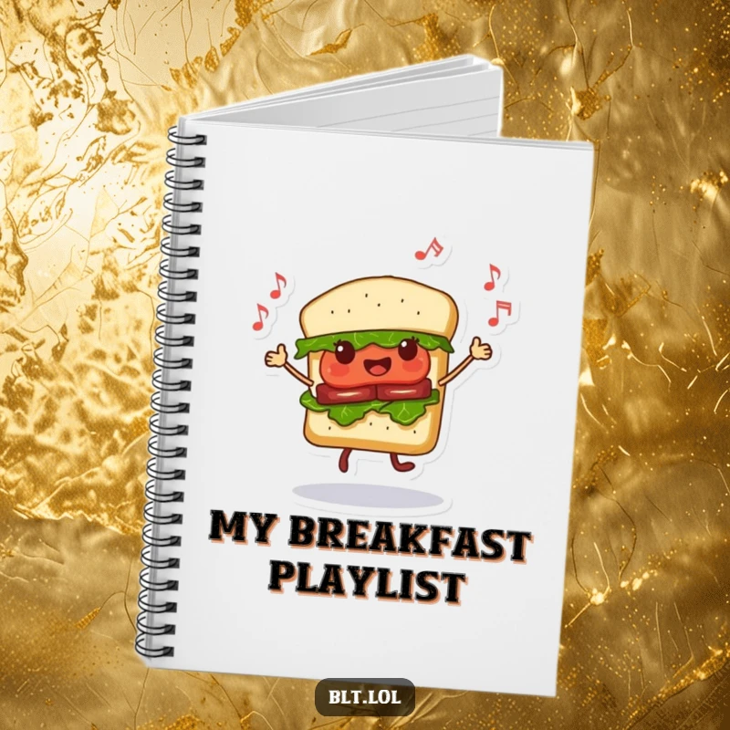 Funny Dancing BLT Sandwich Notebook, a sandwich character dancing with musical notes, ideal for journaling and creativity, funny gift.