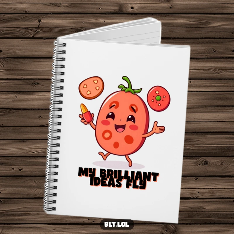 Funny Tomato Juggling Notebook: A joyful tomato slice character is juggling pepper slices, perfect for jotting down notes with humorous flair.