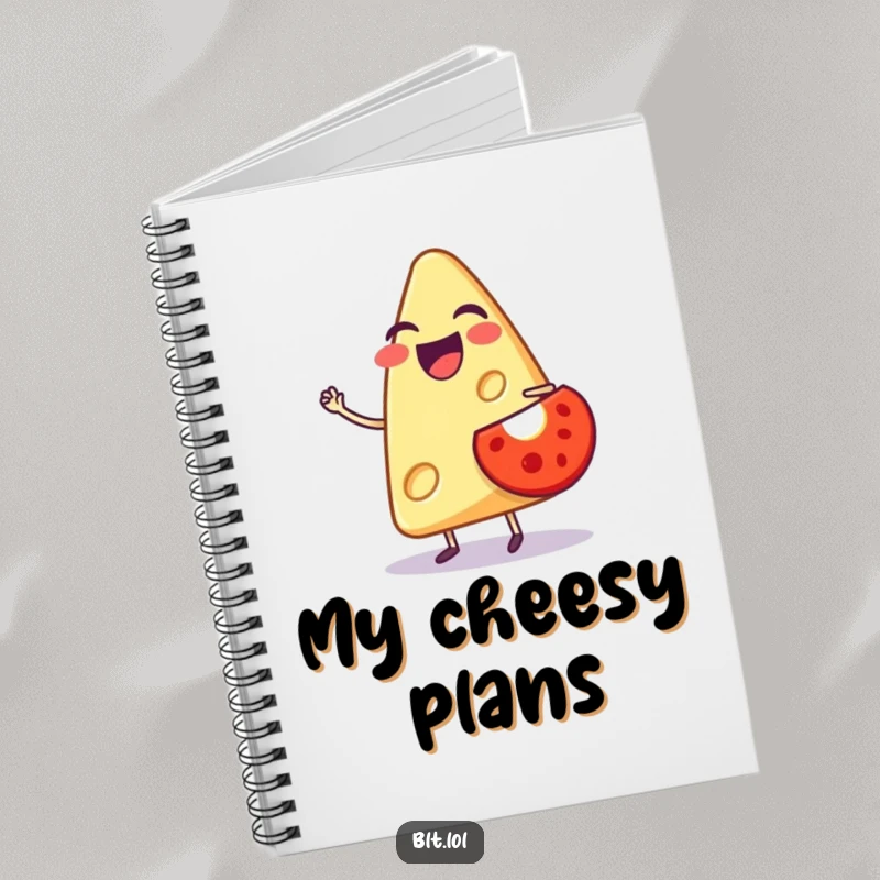 Funny notebook featuring a laughing anthropomorphic cheese slice balancing a tiny tomato, perfect for jotting down notes with humor.