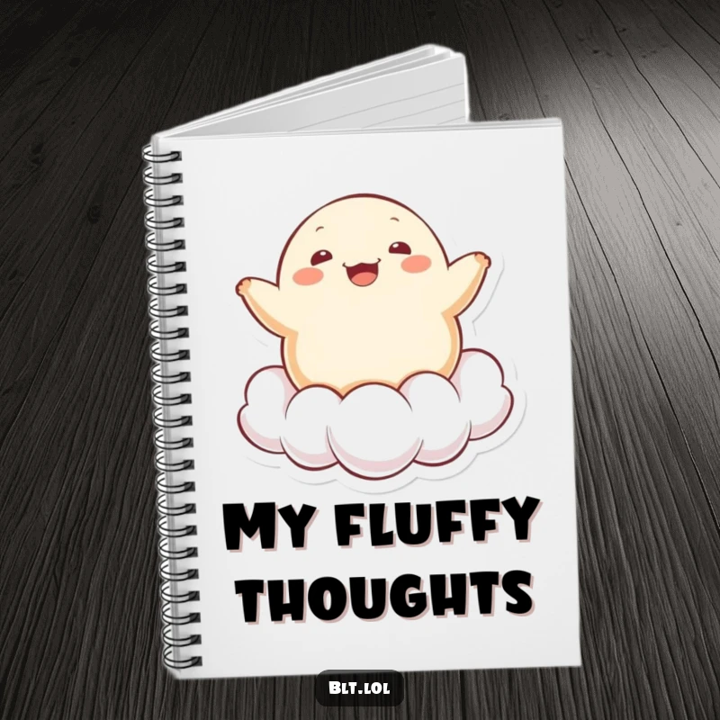 Funny cheerful Kawaii dumpling character bouncing on a cloud on a notebook cover, perfect for journaling.