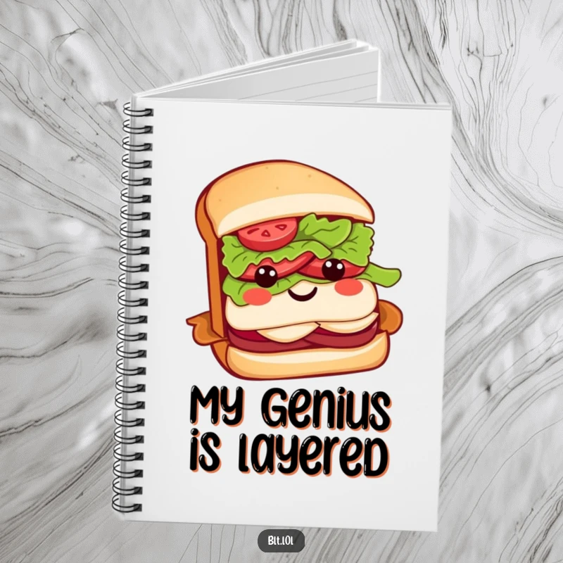 Funny BLT sandwich notebook with a cute sandwich character and a lettuce bow, perfect for capturing brilliant ideas.