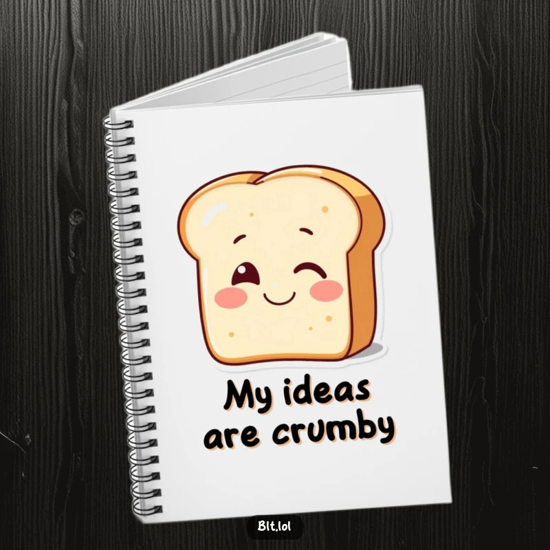Funny smiling piece of bread winking on a notebook, perfect for jotting down charming thoughts with humor.