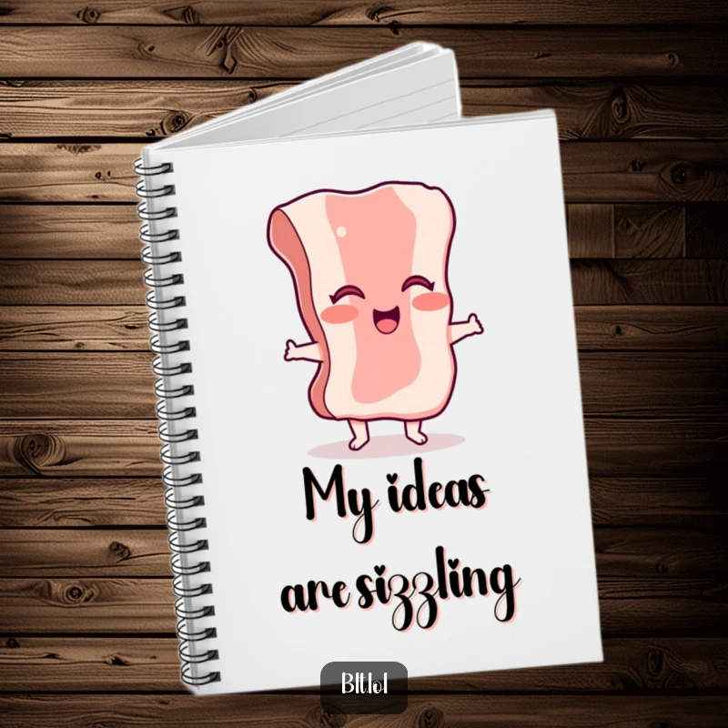Funny giggling bacon notebook featuring a dancing character, perfect for taking notes with a side of culinary amusement.