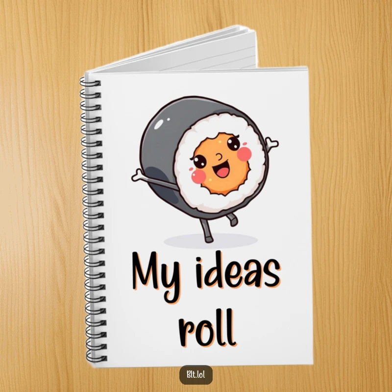 Funny smiling Kawaii sushi roll character doing a cartwheel on a notebook cover, great for planning and jotting.