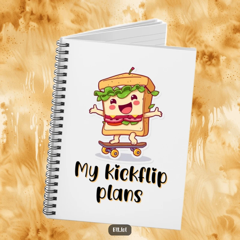 Funny notebook with a BLT sandwich riding a tiny skateboard, encouraging creative expression and witty observations.