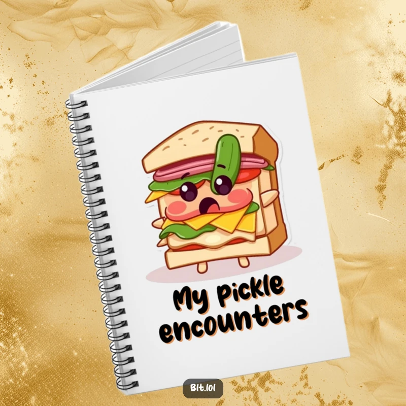 Funny notebook with a BLT sandwich looking surprised by a falling pickle, encouraging witty notes and observations.