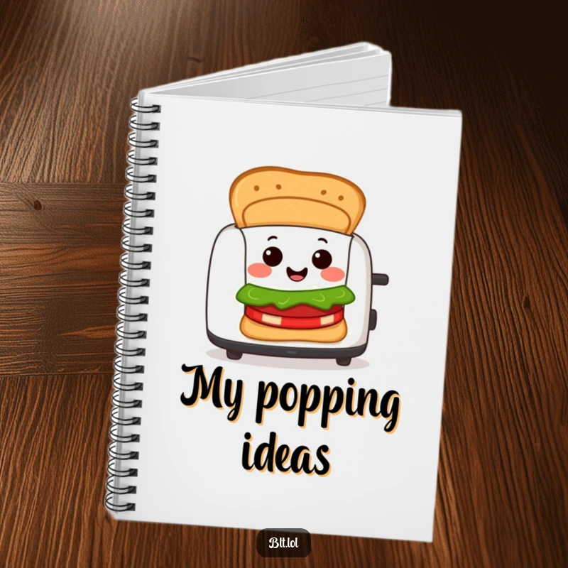Funny Notebook with a cheerful BLT sandwich character popping out of a toaster, designed for capturing ideas with a touch of breakfast humor.