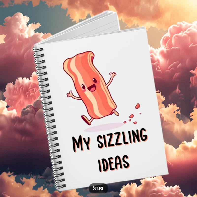 Funny notebook featuring an anthropomorphic bacon strip doing a cartwheel and leaving tiny crumbs, perfect for jotting notes with humor.