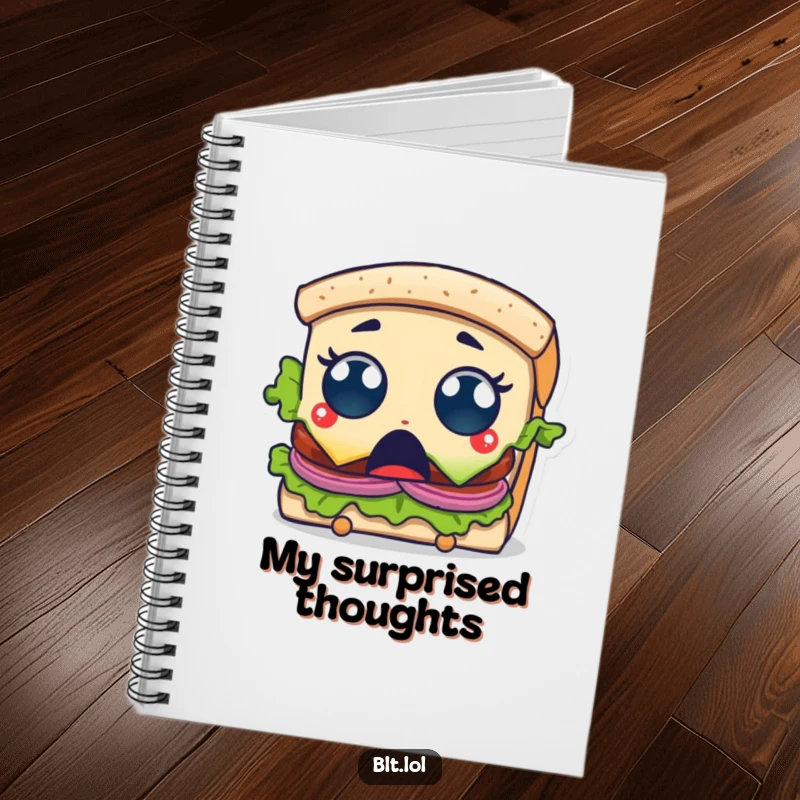 Funny Notebook with a surprised BLT sandwich character with wide eyes reacting to a bite, designed for capturing ideas with humor.