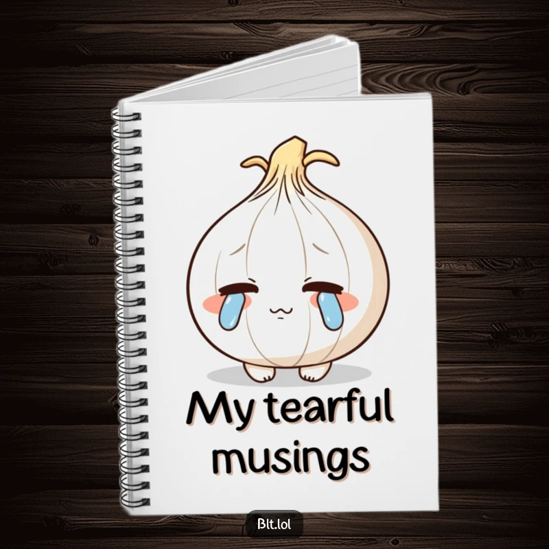 Funny shy blushing anthropomorphic onion shedding cartoon tears on the cover of a humorous notebook.
