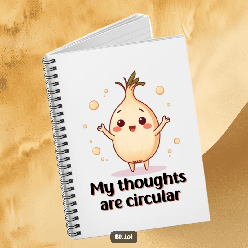 Funny playful onion ring juggling tiny circles on a notebook, perfect for jotting down playful thoughts with humor.