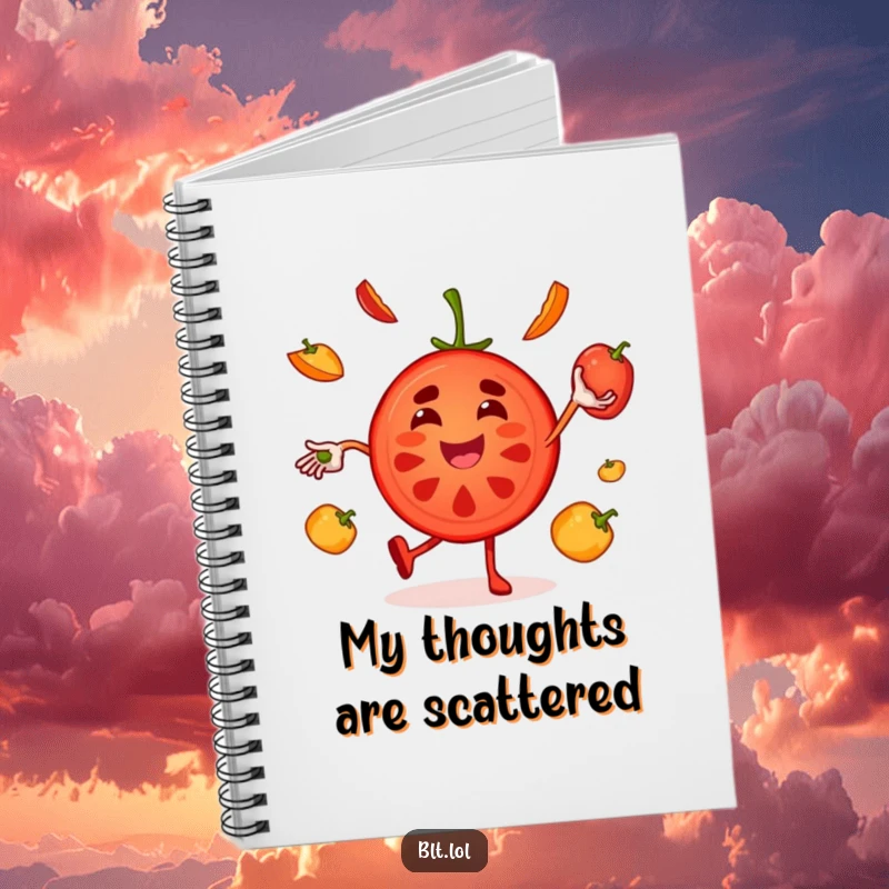 Funny juggling tomato notebook featuring a joyful character, perfect for capturing thoughts with a zesty, humorous edge.