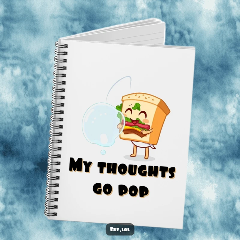 Funny Bubble Blowing BLT Sandwich Notebook, a sandwich character blowing a large bubble, perfect for notes and creative ideas, funny gift.