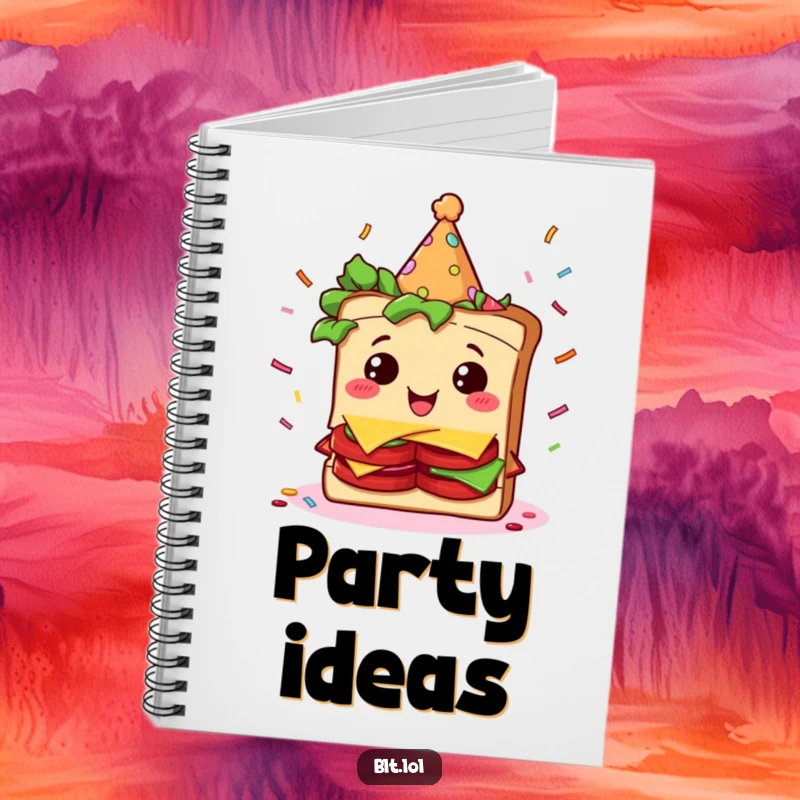 Funny BLT sandwich character in a party hat, surrounded by confetti, ready to jot down ideas in this notebook.