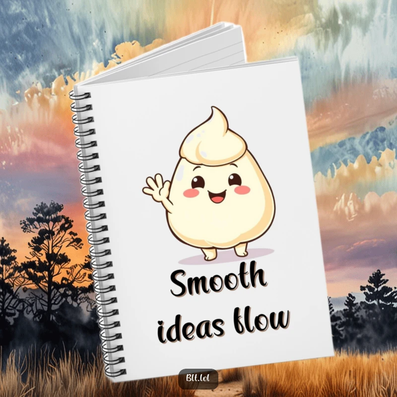 Funny mayonnaise dollop waving hello on the cover of a notebook, ideal for jotting down friendly messages.