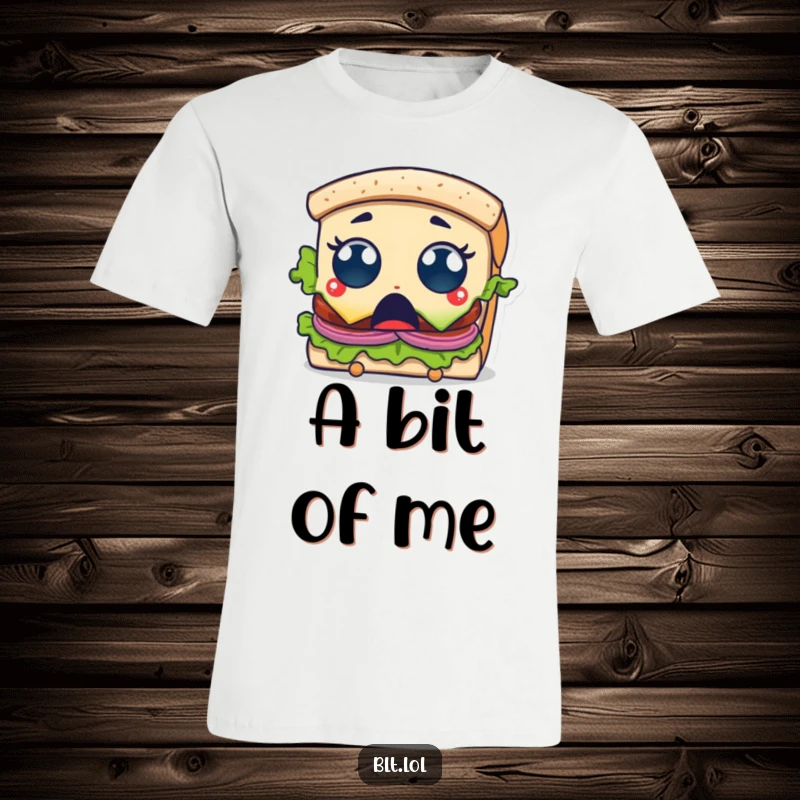Funny T-Shirt depicting a BLT sandwich character with shocked, wide eyes as a bite is taken, highlighting its surprise.