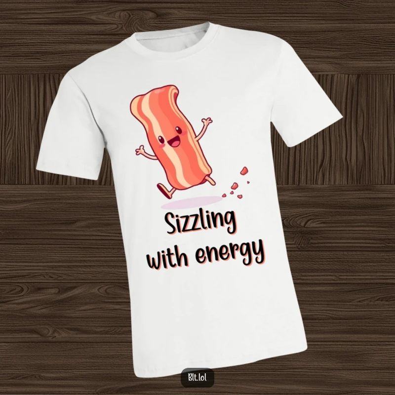Funny t-shirt with an anthropomorphic bacon strip doing a cartwheel and leaving a trail of crumbs, depicting energetic food.