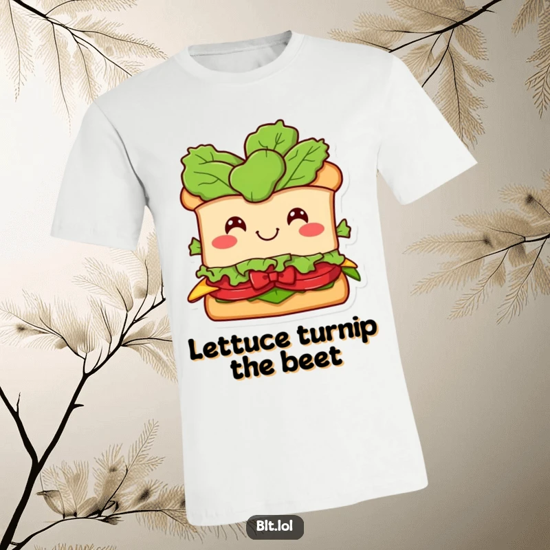 Funny BLT Sandwich T-Shirt: A smiling BLT character with a lettuce head in a bow, showcasing playful and comical sandwich appreciation.