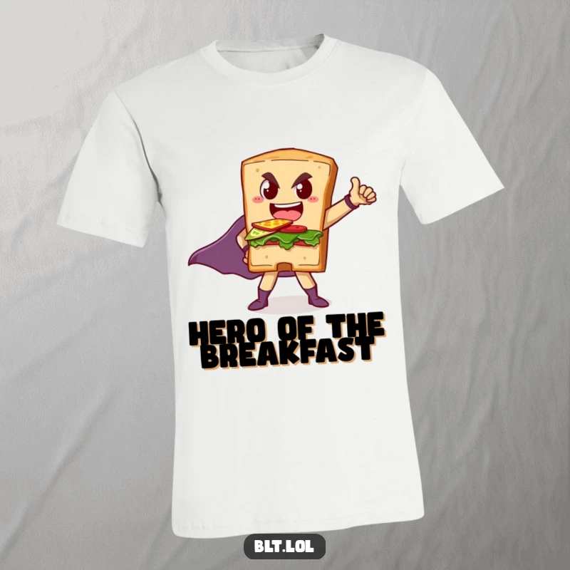 Funny t-shirt showcasing a BLT sandwich striking a powerful superhero pose, ready to fight hunger and bring smiles.