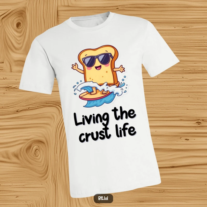 Funny anthropomorphic bread slice in sunglasses stylishly surfing a wave, capturing the essence of cool beach life.