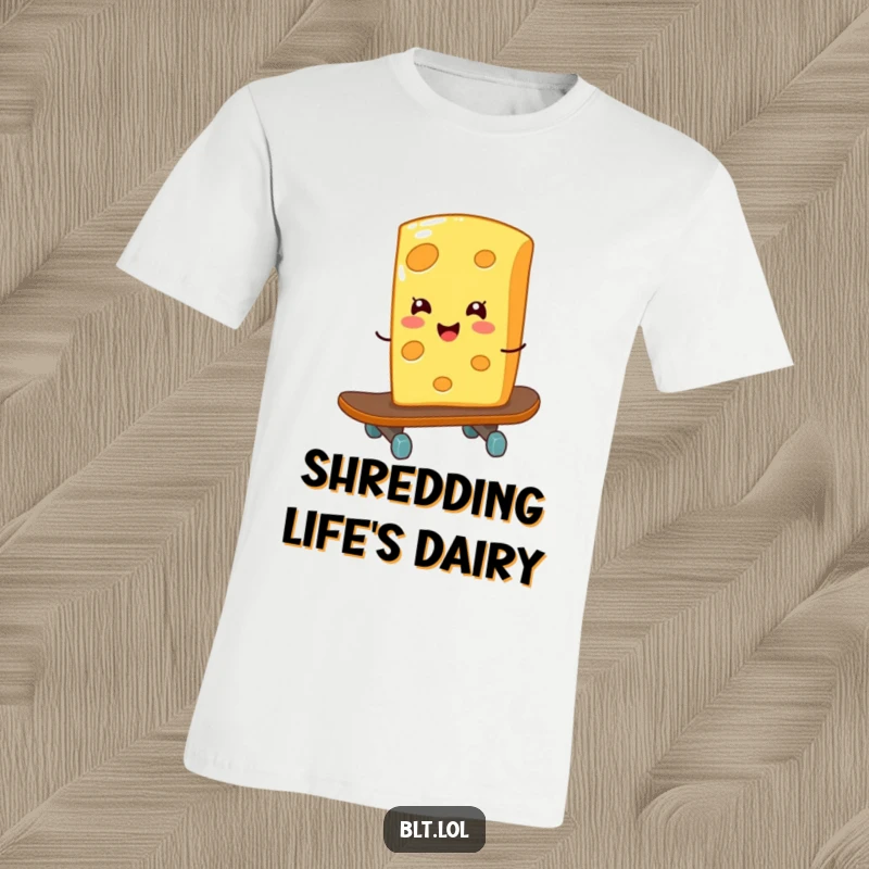 Funny giggling cheese slice on a skateboard, depicted on a t-shirt with rad energy for a humorous gift.