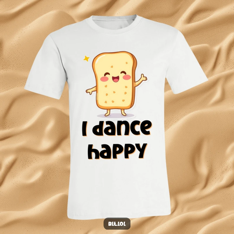 Funny cheesy bread character with arms raised, joyfully dancing on a comfortable and fun t-shirt.