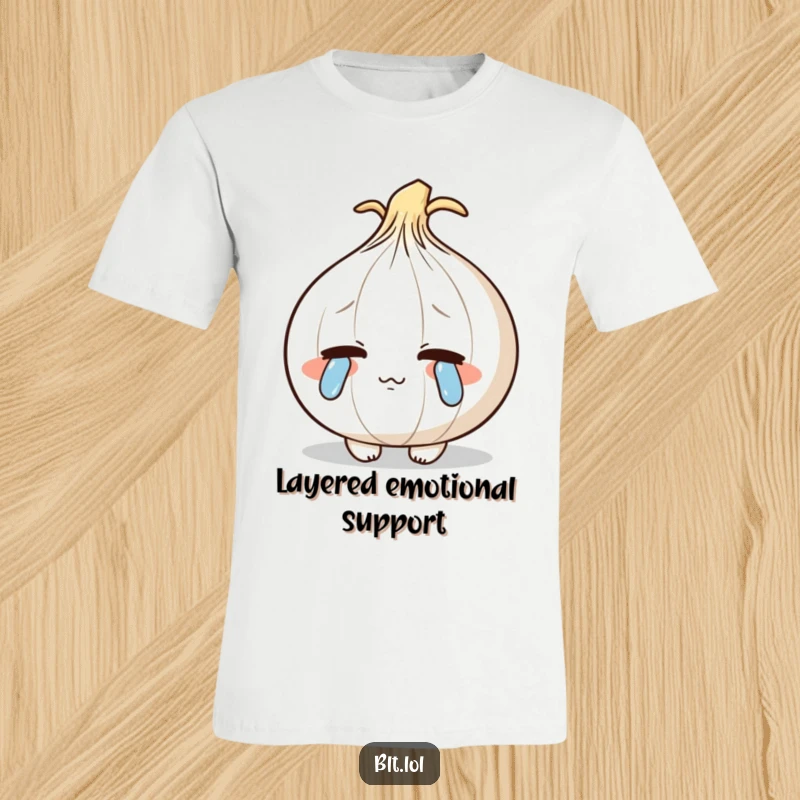Funny blushing anthropomorphic onion shedding cartoon tears, a shy and humorous t-shirt graphic.
