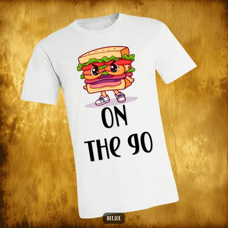 Funny T-Shirt depicting a determined BLT sandwich character wearing small running shoes, ready for a marathon.
