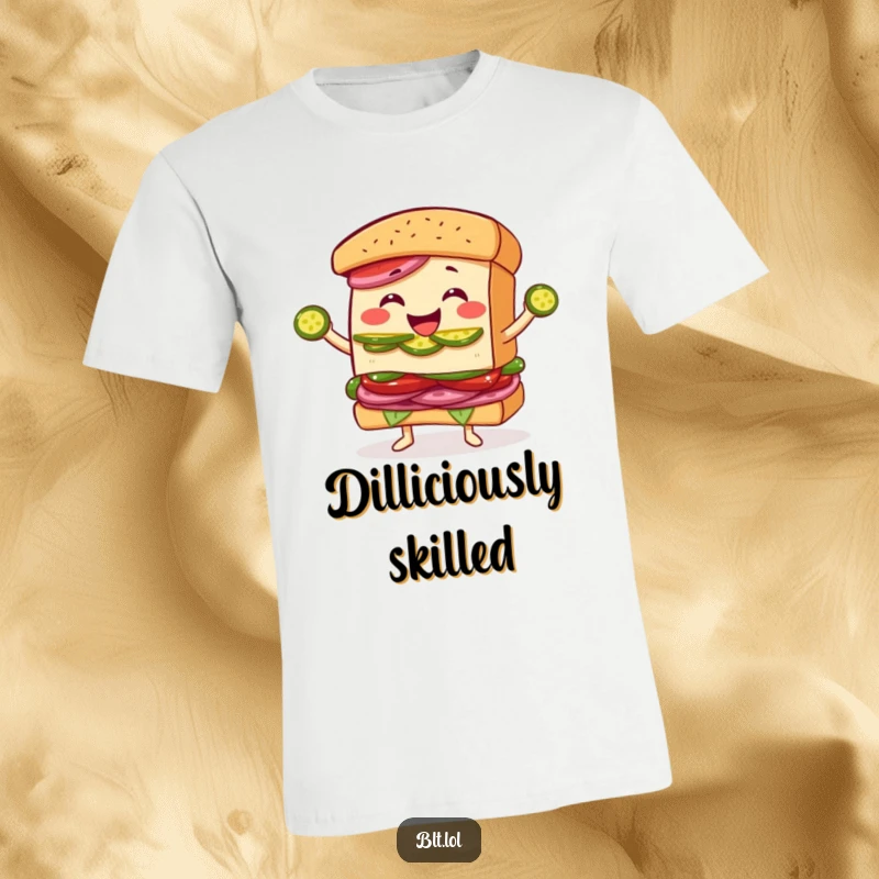 Funny Juggling BLT Sandwich T-Shirt: A cheerful BLT sandwich character joyfully juggles multiple pickle slices with a wide, happy grin.
