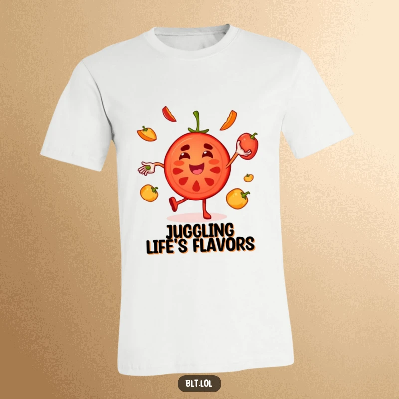 Funny juggling tomato character t-shirt, showcasing a joyous moment of culinary performance and playful juggling.