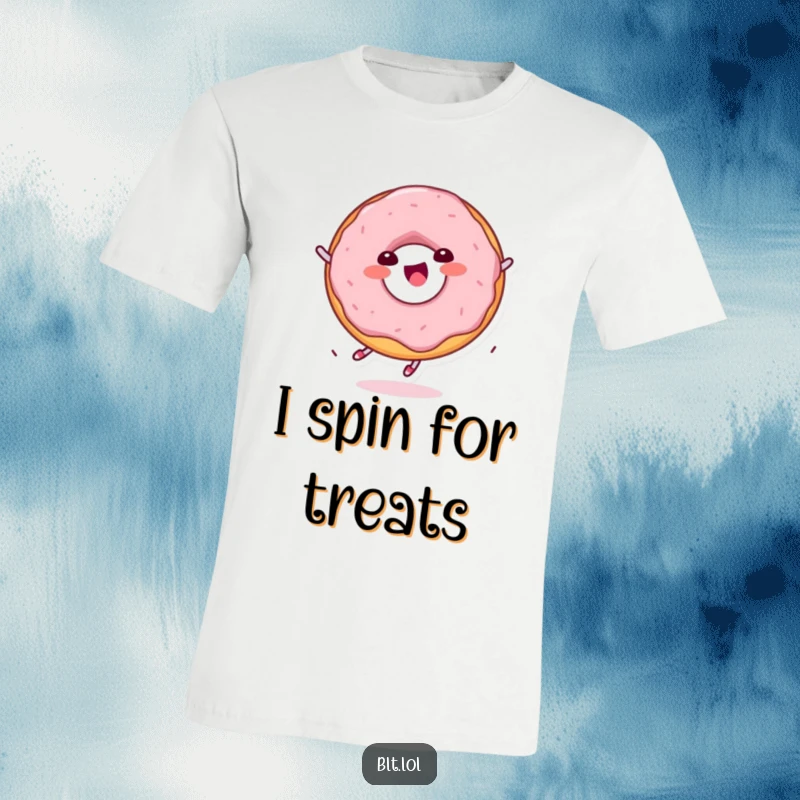 Funny delighted Kawaii donut character spinning on a t-shirt, perfect for dessert lovers and humor fans.