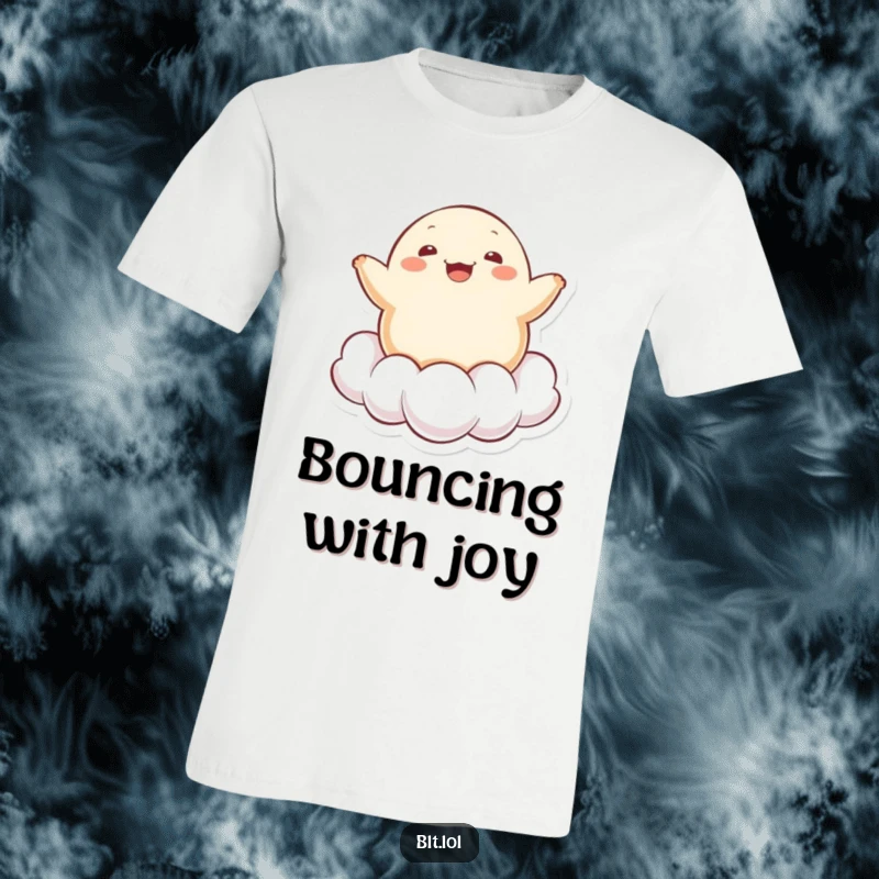 Funny cheerful Kawaii dumpling character bouncing high on a cloud, printed on a t-shirt, for ultimate comfort.