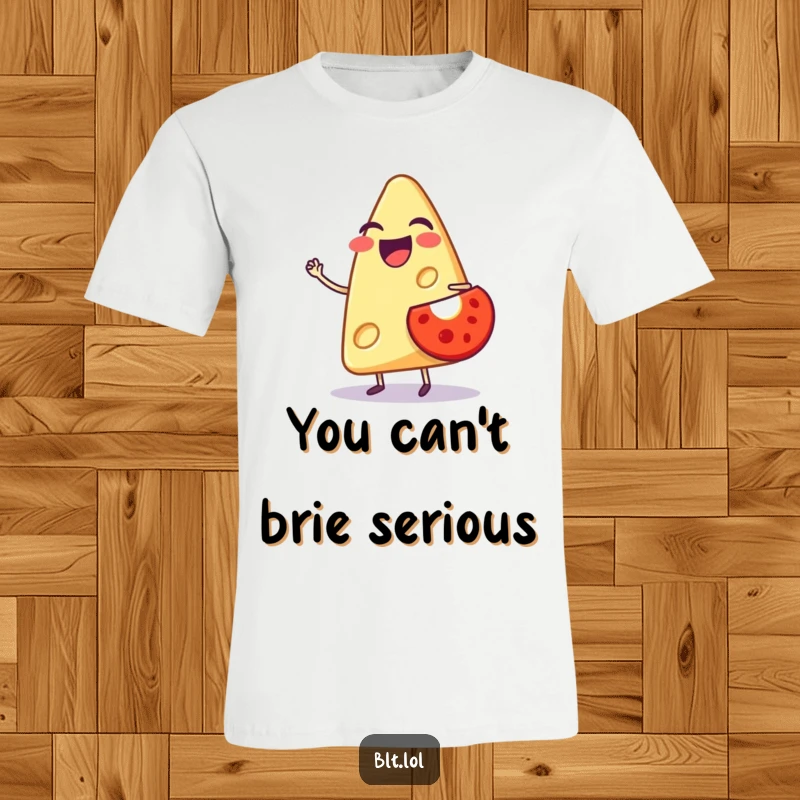 Funny t-shirt featuring a laughing anthropomorphic cheese slice balancing a tiny tomato, showcasing a playful and happy food character.