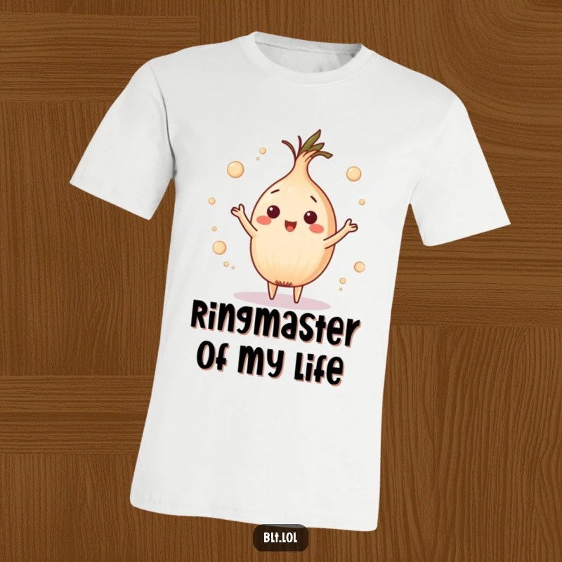 Funny playful onion ring juggling tiny circles on a t-shirt, looking whimsical for a humorous food gift.
