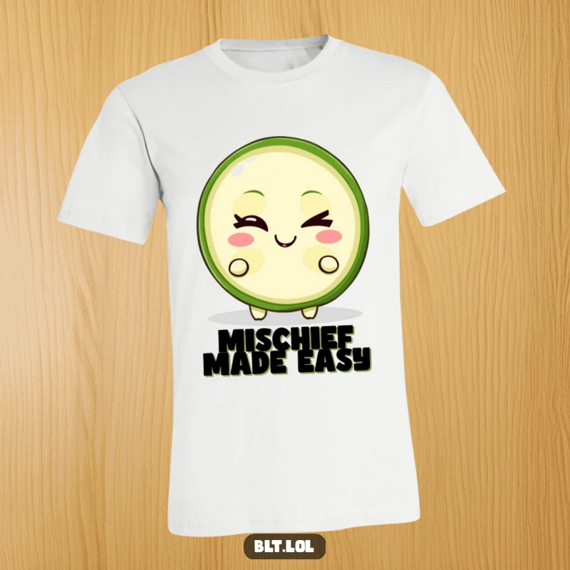 Funny T-Shirt depicting a winking pickle slice character with a mischievous grin, a humorous and playful food graphic.