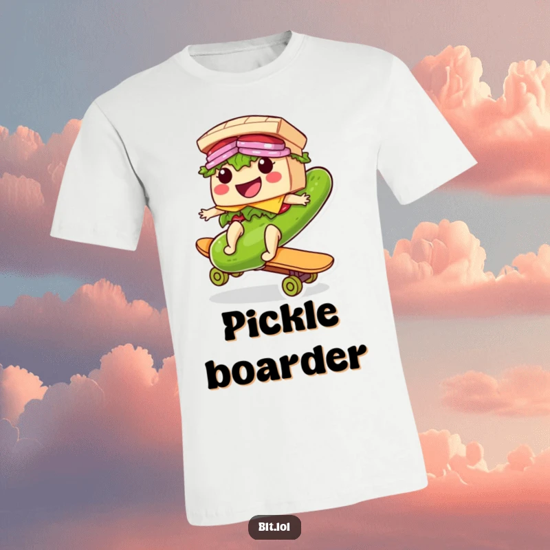 Funny Riding BLT Sandwich T-Shirt: A smiling BLT character balances expertly on a giant pickle, used as a skateboard, in a funny pose.