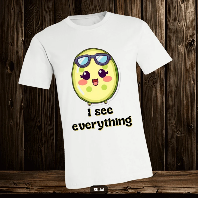 Funny pickle slice character wearing tiny goggles, looking shocked and wide-eyed on a fun t-shirt.