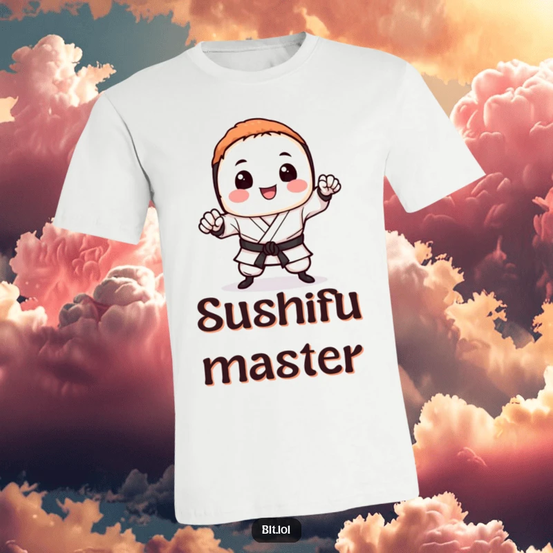 Funny sushi t-shirt featuring a smiling sushi roll executing a fierce karate chop, full of playful energy.