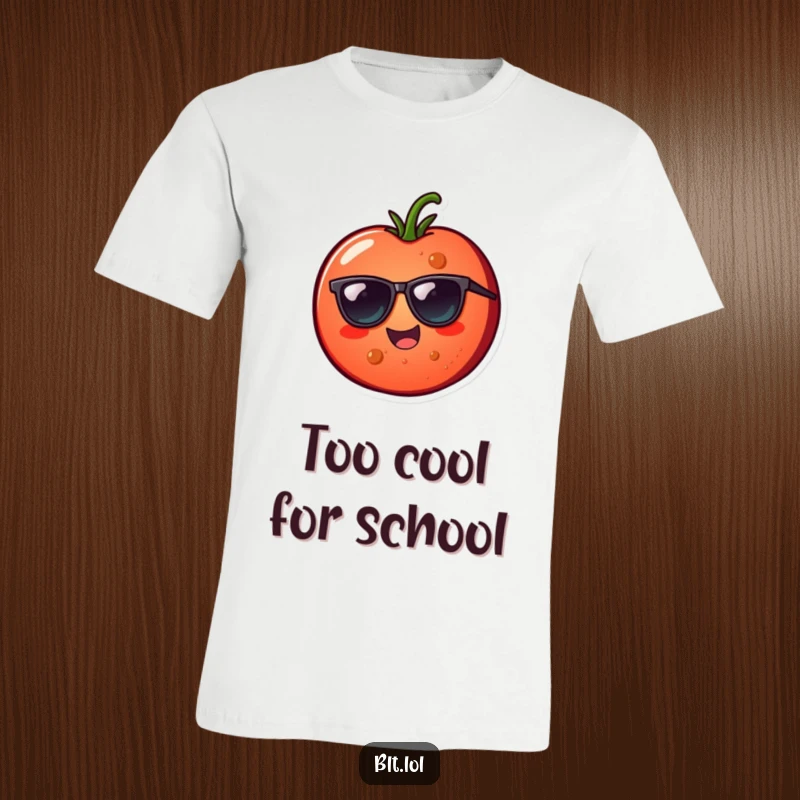 Funny cheerful tomato slice with sunglasses on a t-shirt, looking cool and stylish for a humorous gift.