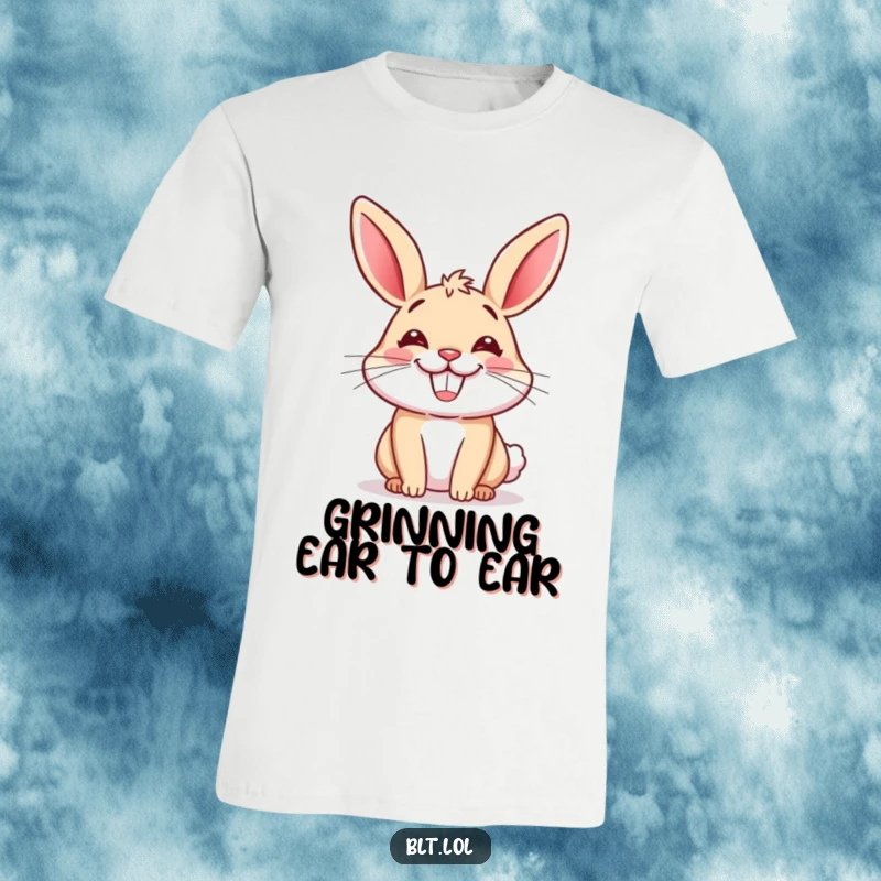 Funny t-shirt depicting a joyful cartoon bun with a wide, beaming grin, spreading happiness. Ideal funny gift for all.