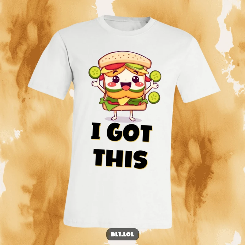Funny BLT sandwich character with a huge grin, expertly juggling multiple green pickle slices, wearing a t-shirt.