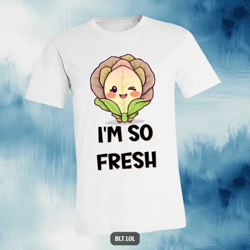 Funny T-Shirt depicting a blushing lettuce character winking shyly, a humorous and charming vegetable illustration.