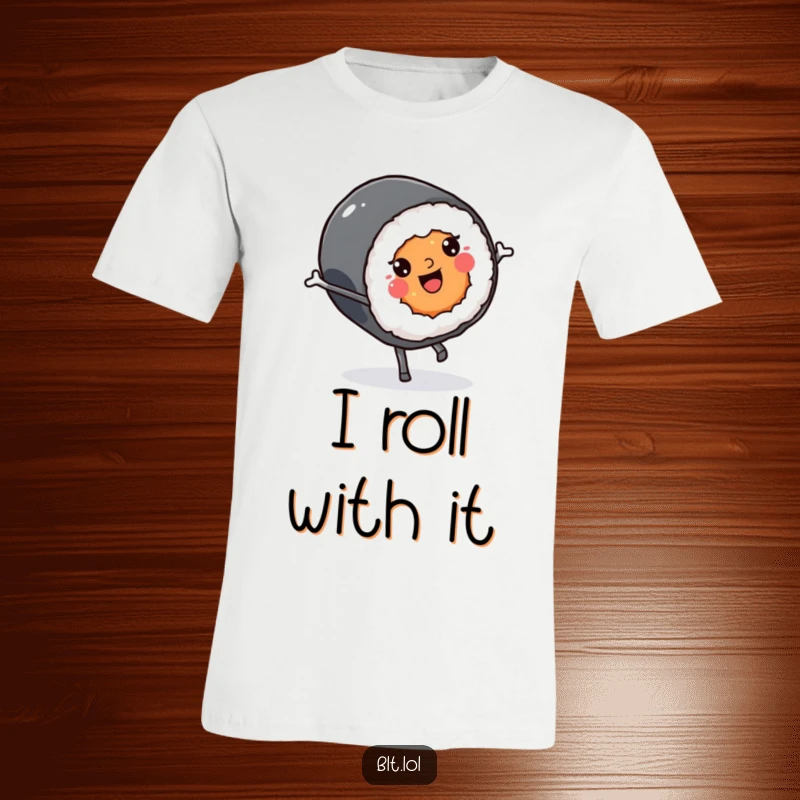 Funny smiling Kawaii sushi roll character mid-cartwheel on a t-shirt, great for foodies and humor fans.