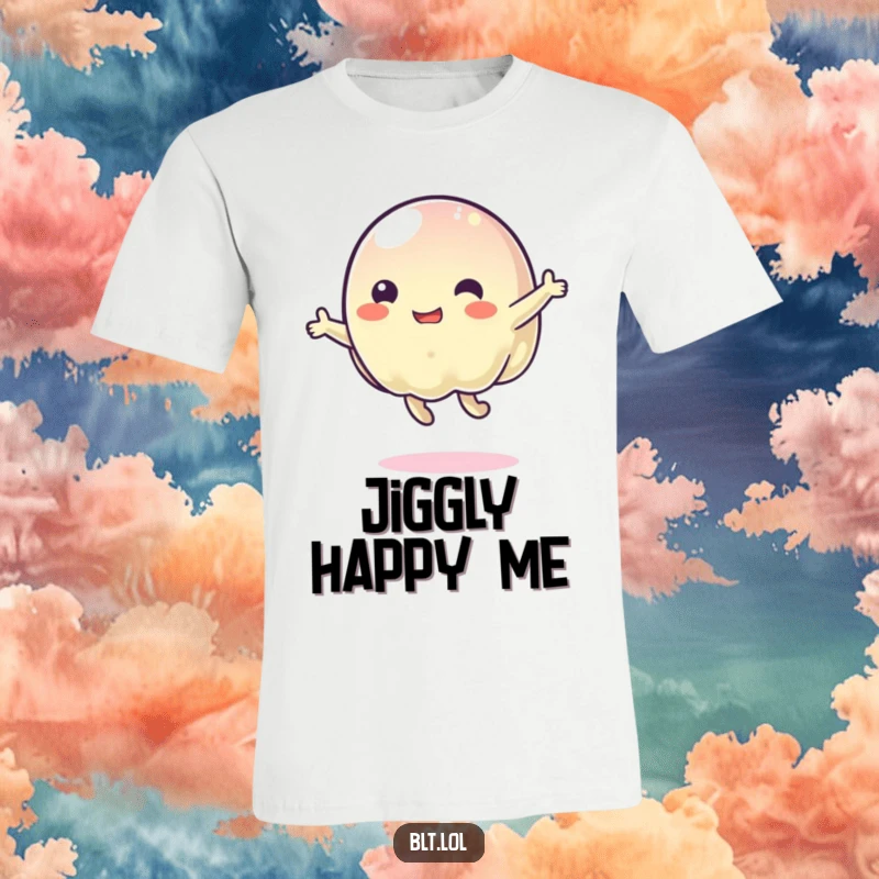 Funny wobbly jelly character energetically bouncing with a cheerful expression, showcased on a comfortable t-shirt.