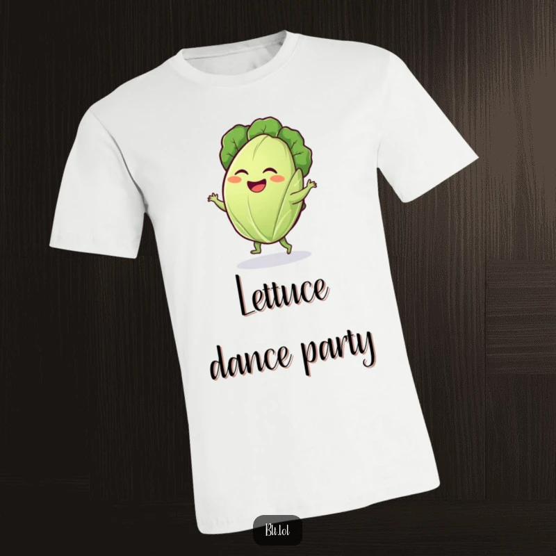 Funny lettuce leaf t-shirt depicting a giggling leaf doing a silly dance, celebrating salad and playful movement.